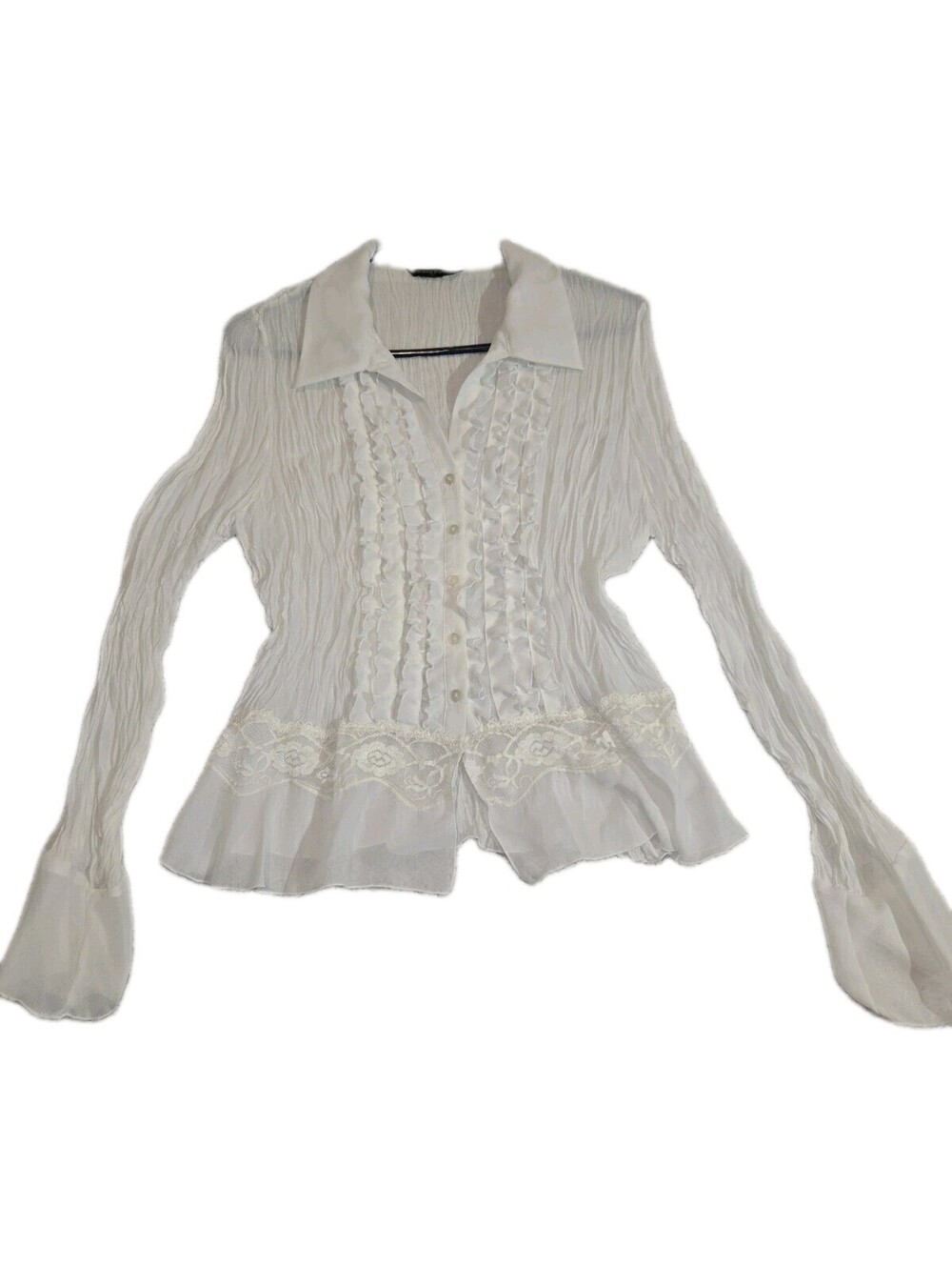 White Ruffle Front Crinkle Texture Blouse M Feminine Sheer Whimsy Festival